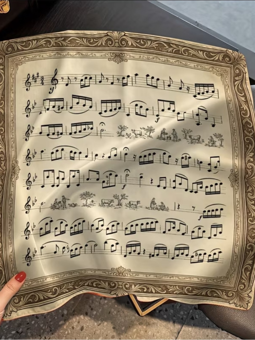Classical Music Notes Silky Scarf in Ivory and Brown 27.5”